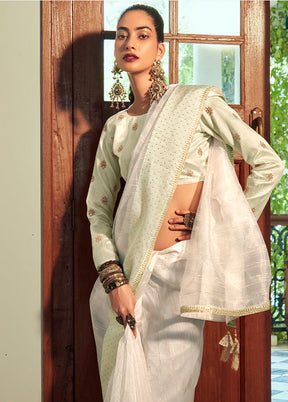 White Organza Embroidered Saree With Blouse Piece
