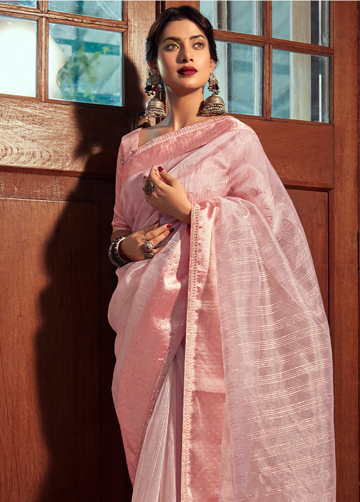 Pink Organza Embroidered Saree With Blouse Piece