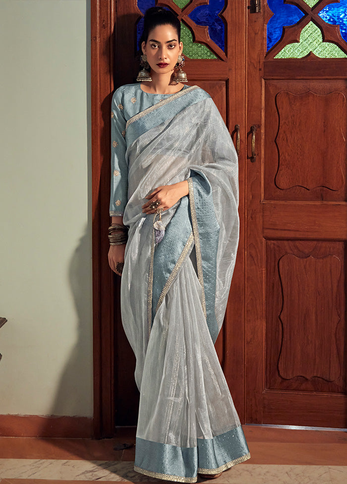 Grey Organza Embroidered Saree With Blouse Piece