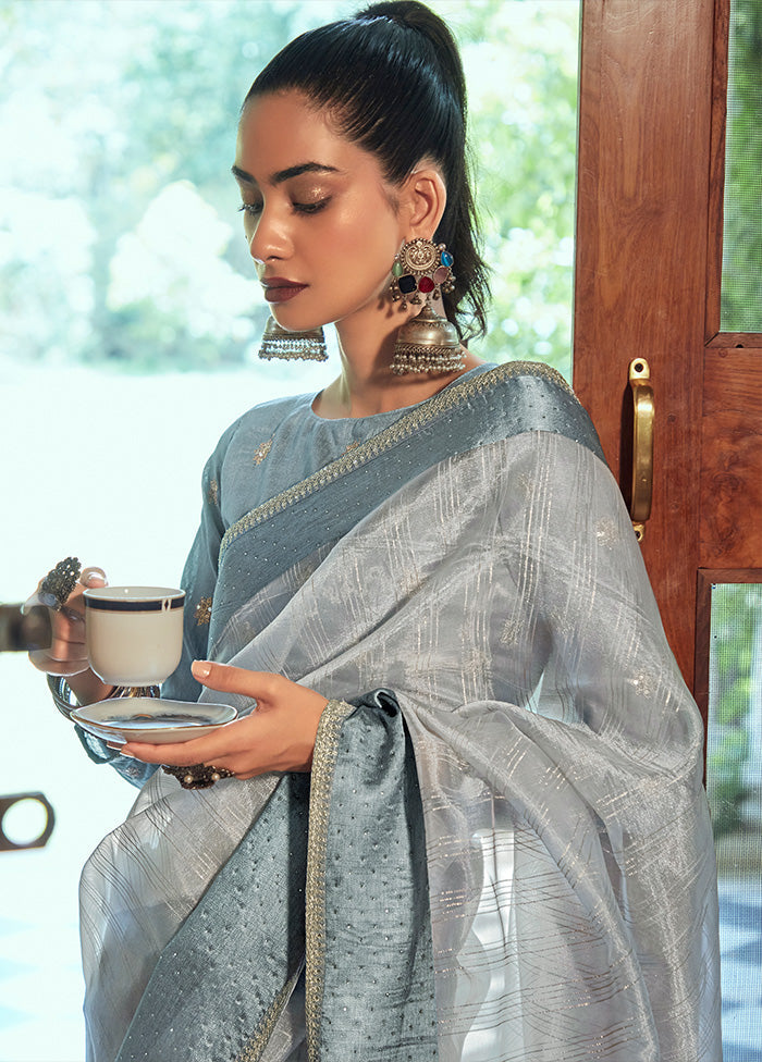 Grey Organza Embroidered Saree With Blouse Piece
