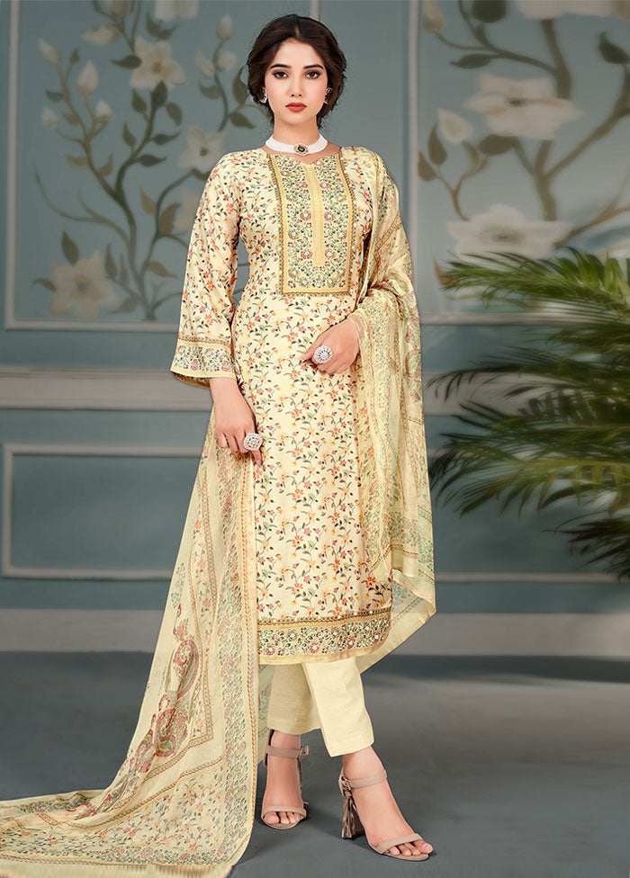 3 Pc Cream Unstitched Cotton Suit Set