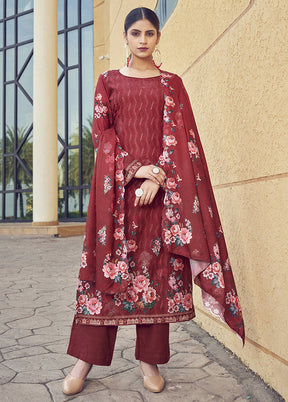 3 Pc Red Unstitched Silk Printed Suit Set