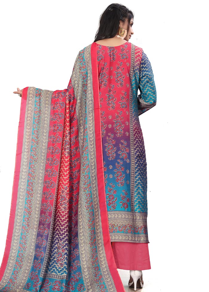 3 Pc Multicolor Unstitched Silk Suit Set