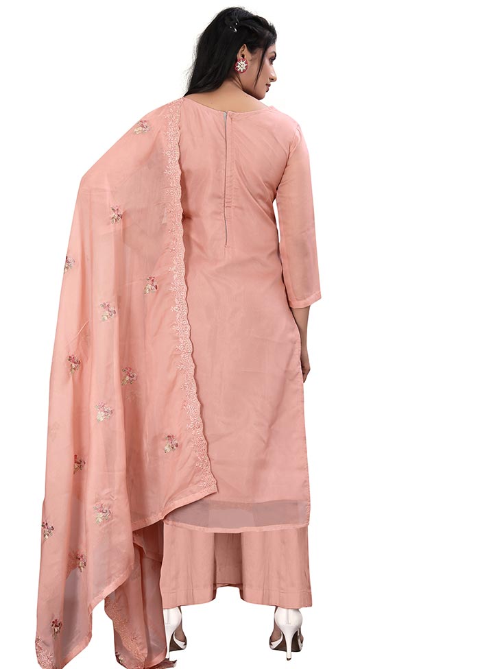 3 Pc Pink Unstitched Net Suit Set