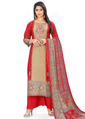 3 Pc Red Unstitched Silk Suit Set