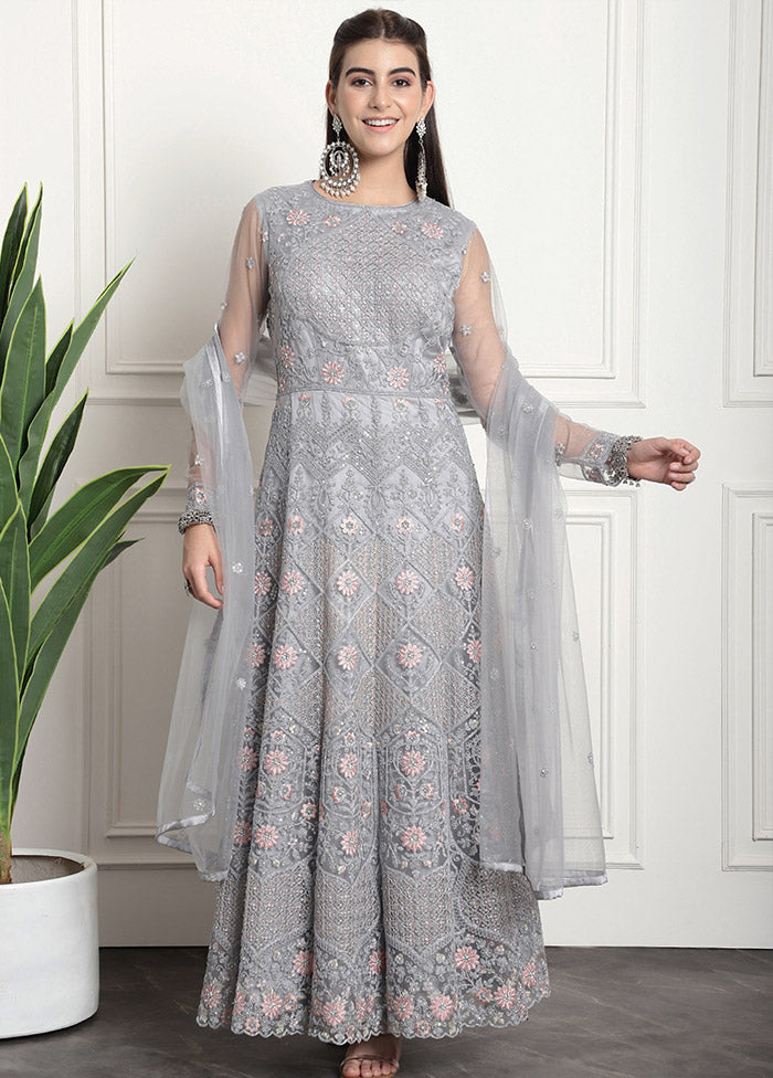 3 Pc Grey Unstitched Net Suit Set