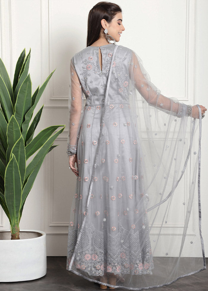 3 Pc Grey Unstitched Net Suit Set