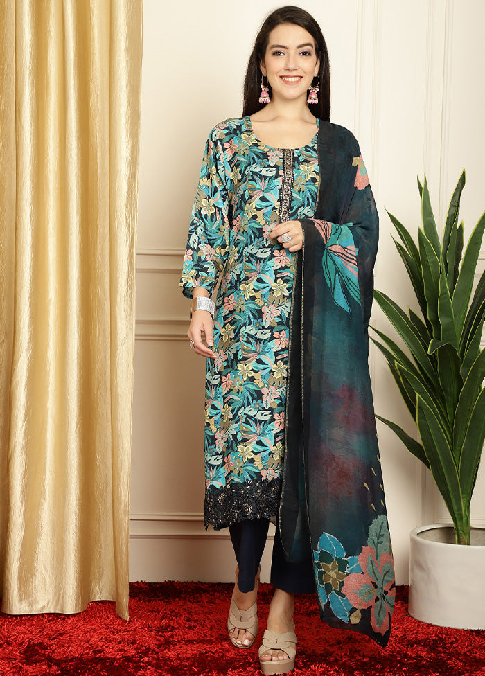 3 Pc Navy Blue Unstitched Silk Suit Set