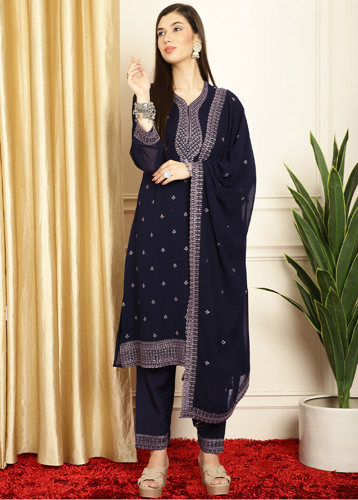 3 Pc Navy Blue Unstitched Georgette Suit Set