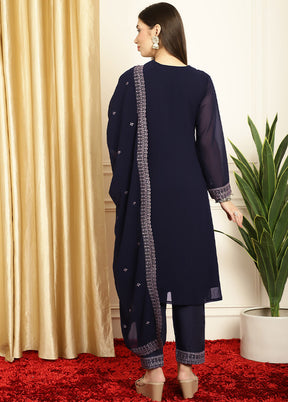 3 Pc Navy Blue Unstitched Georgette Suit Set