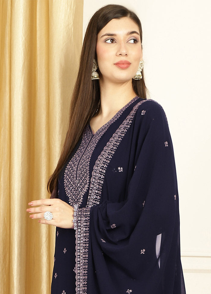 3 Pc Navy Blue Unstitched Georgette Suit Set