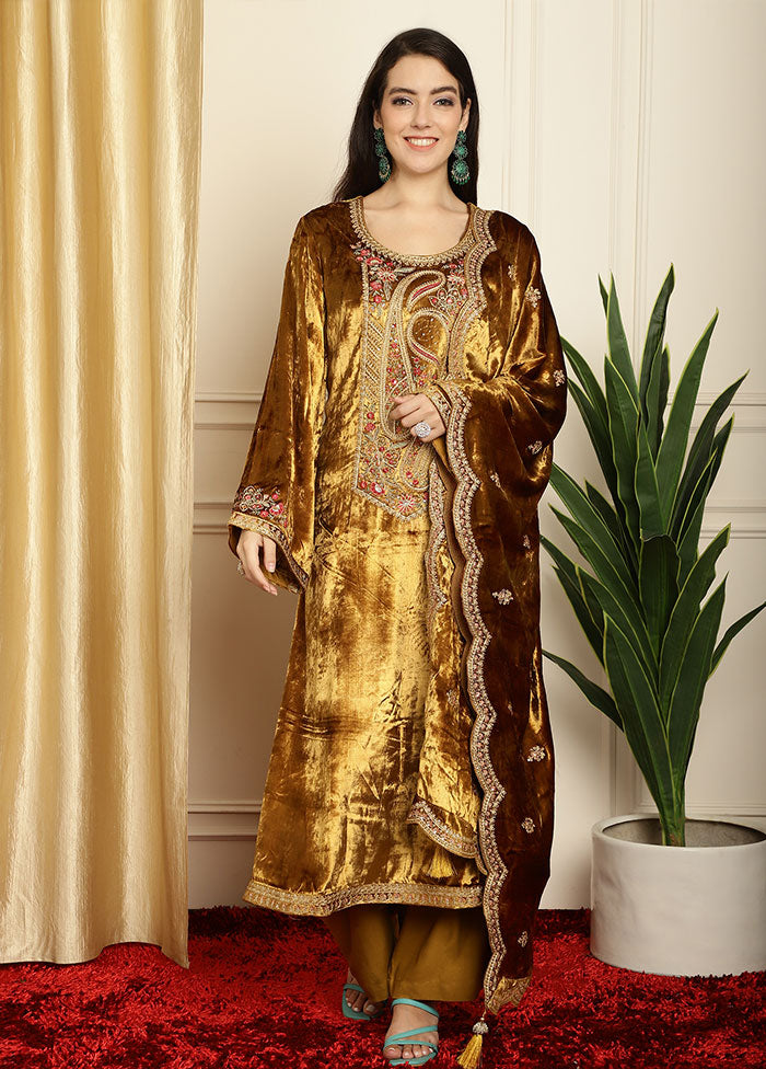 3 Pc Golden Unstitched Velvet Suit Set