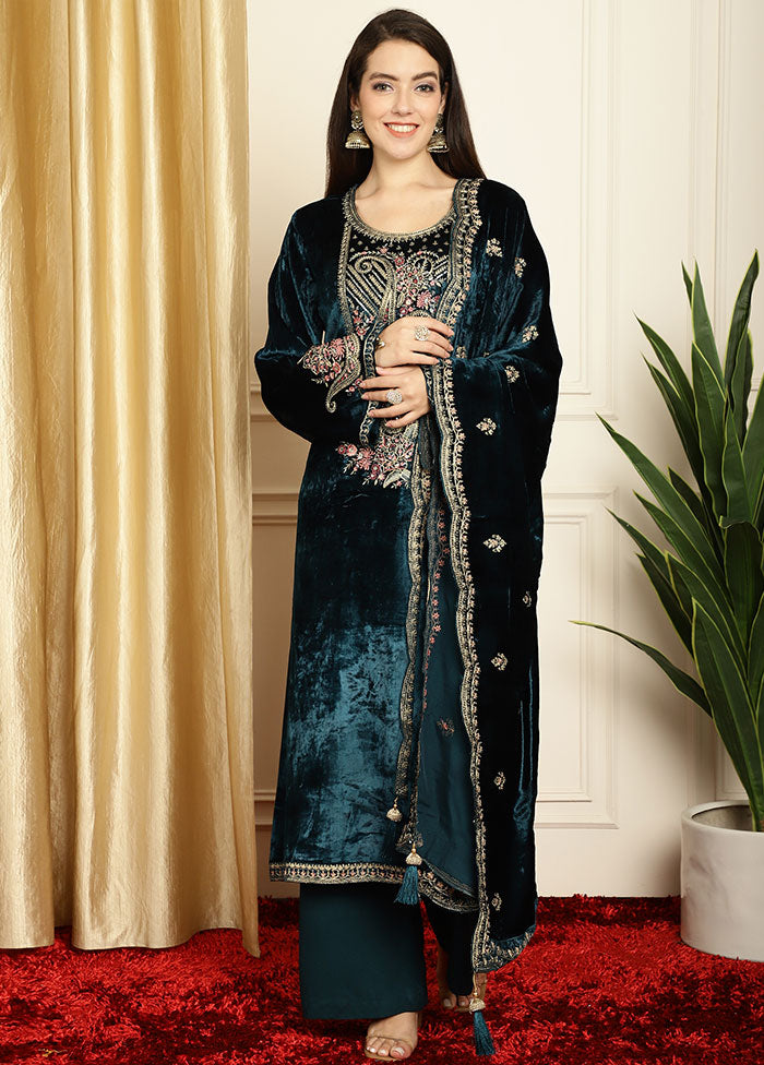 3 Pc Navy Blue Unstitched Velvet Suit Set