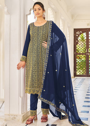 3 Pc Dark Blue Semi Stitched Georgette Suit Set