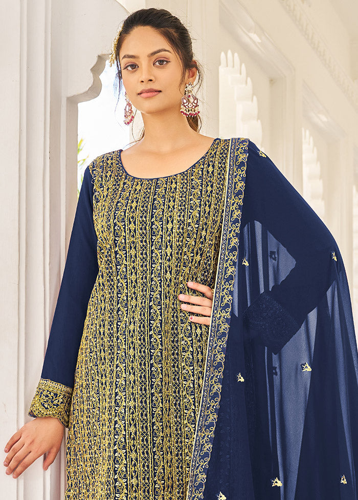 3 Pc Dark Blue Semi Stitched Georgette Suit Set