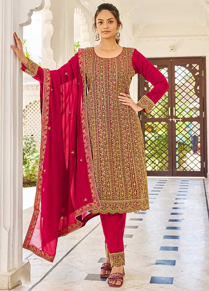 3 Pc Dark Pink Semi Stitched Georgette Suit Set