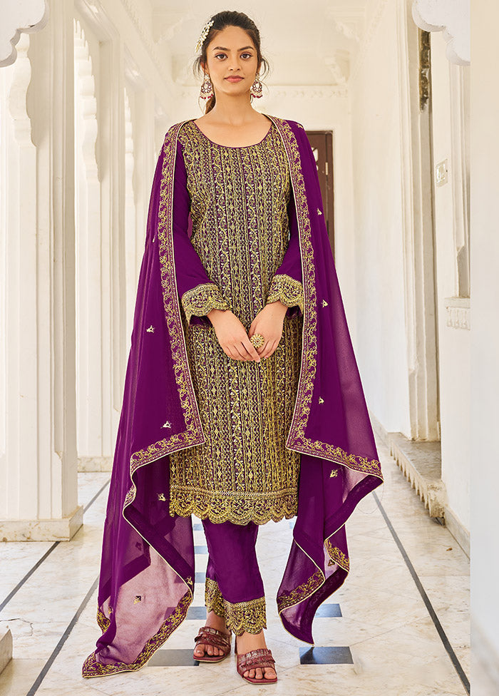 3 Pc Dark Purple Semi Stitched Georgette Suit Set