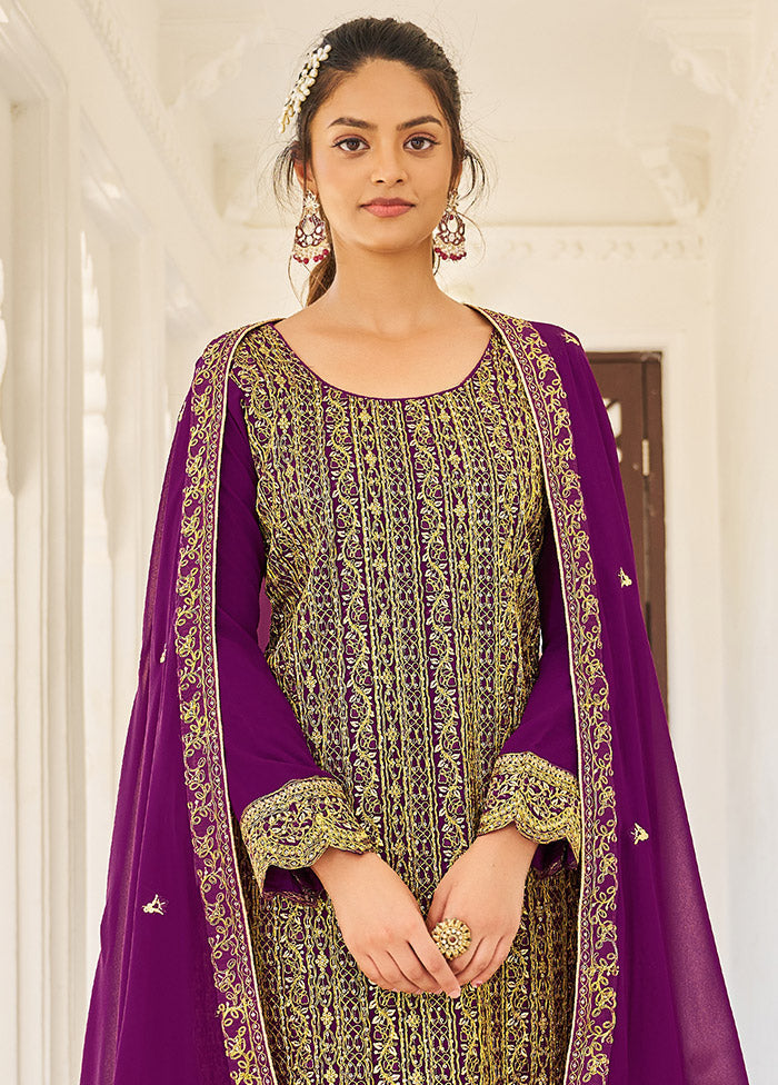 3 Pc Dark Purple Semi Stitched Georgette Suit Set