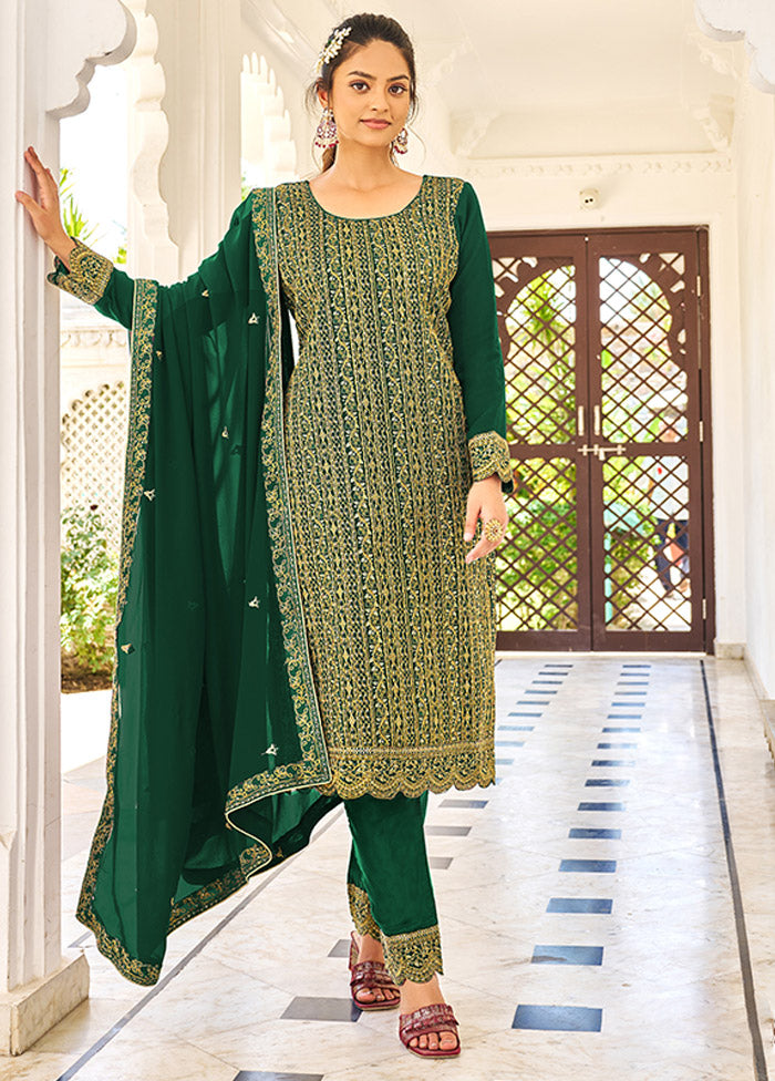 3 Pc Dark Green Semi Stitched Georgette Suit Set