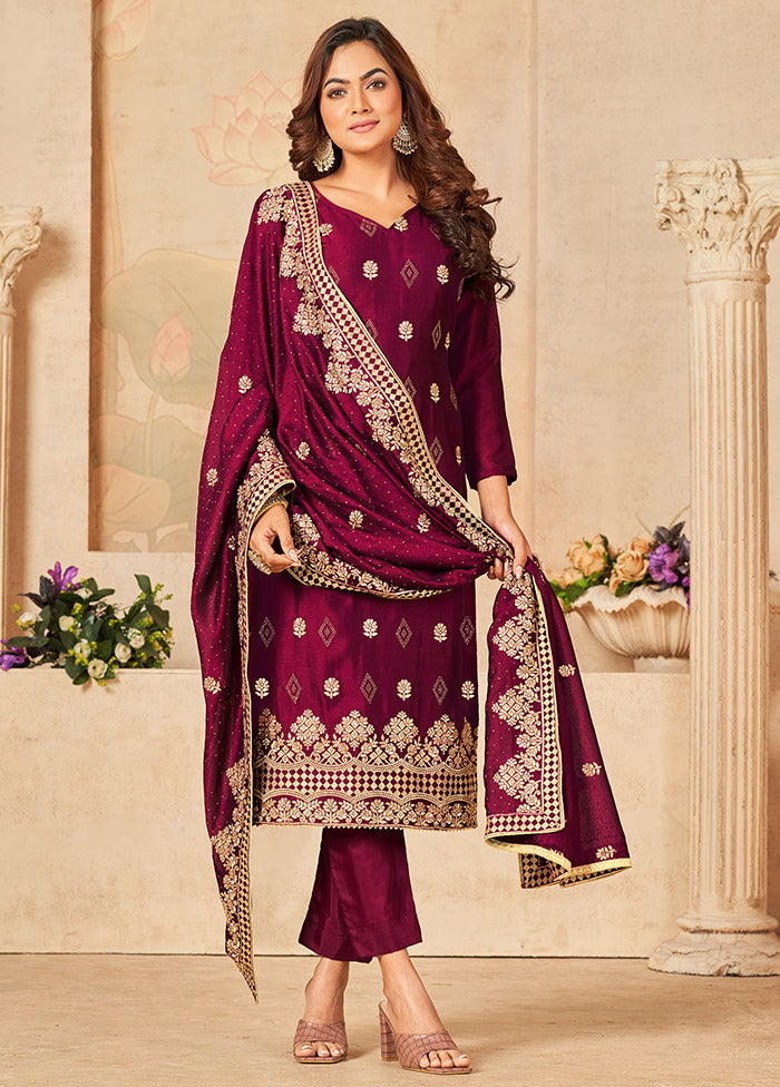 3 Pc Dark Pink Semi Stitched Silk Suit Set