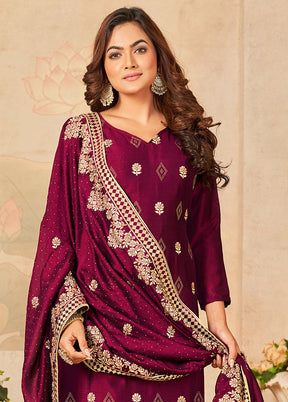 3 Pc Dark Pink Semi Stitched Silk Suit Set