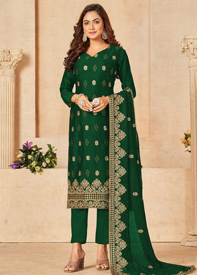 3 Pc Dark Green Semi Stitched Silk Suit Set