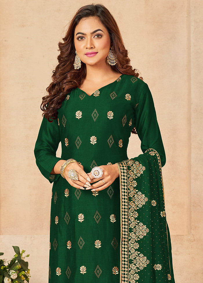 3 Pc Dark Green Semi Stitched Silk Suit Set