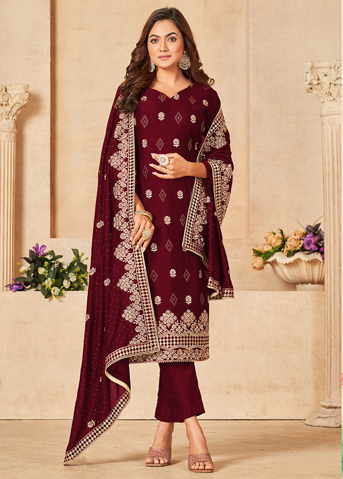 3 Pc Maroon Semi Stitched Silk Suit Set