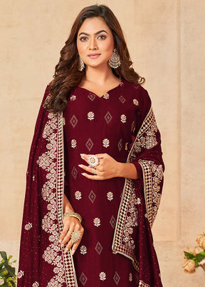 3 Pc Maroon Semi Stitched Silk Suit Set