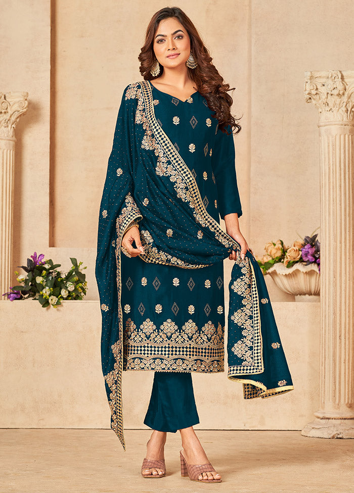 3 Pc Dark Blue Semi Stitched Silk Suit Set