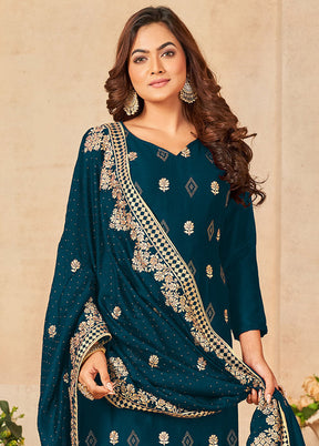 3 Pc Dark Blue Semi Stitched Silk Suit Set