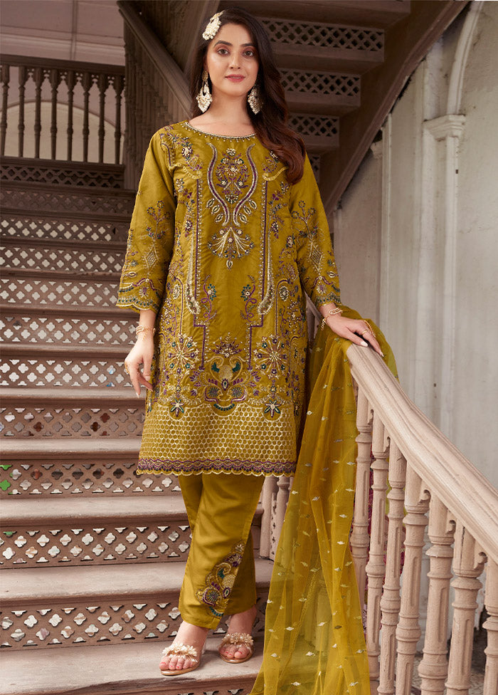 3 Pc Yellow Readymade Organza Suit Set