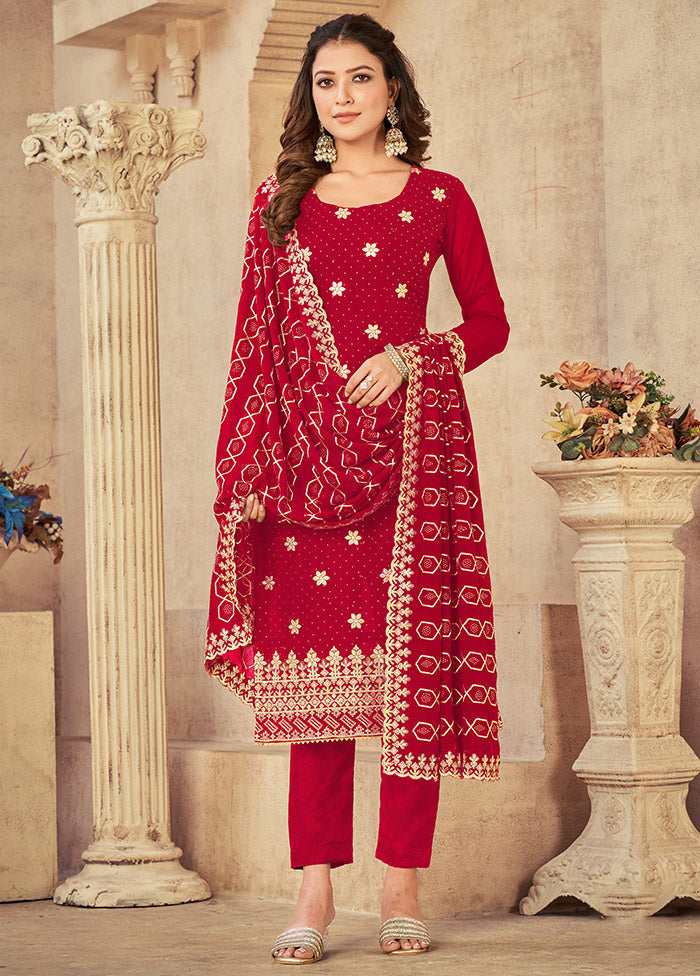 3 Pc Red Semi Stitched Georgette Suit Set