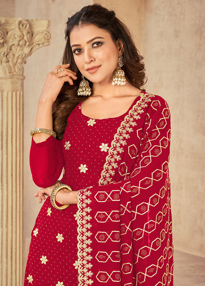 3 Pc Red Semi Stitched Georgette Suit Set