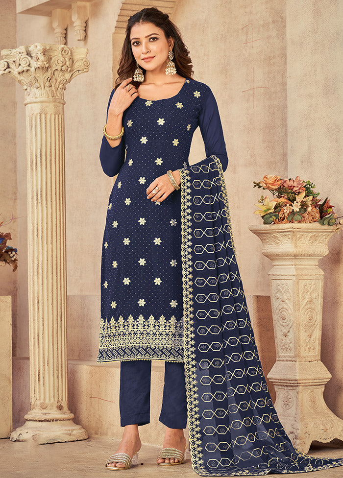 3 Pc Blue Semi Stitched Georgette Suit Set