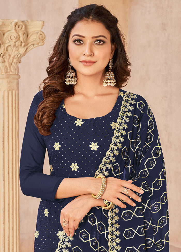 3 Pc Blue Semi Stitched Georgette Suit Set