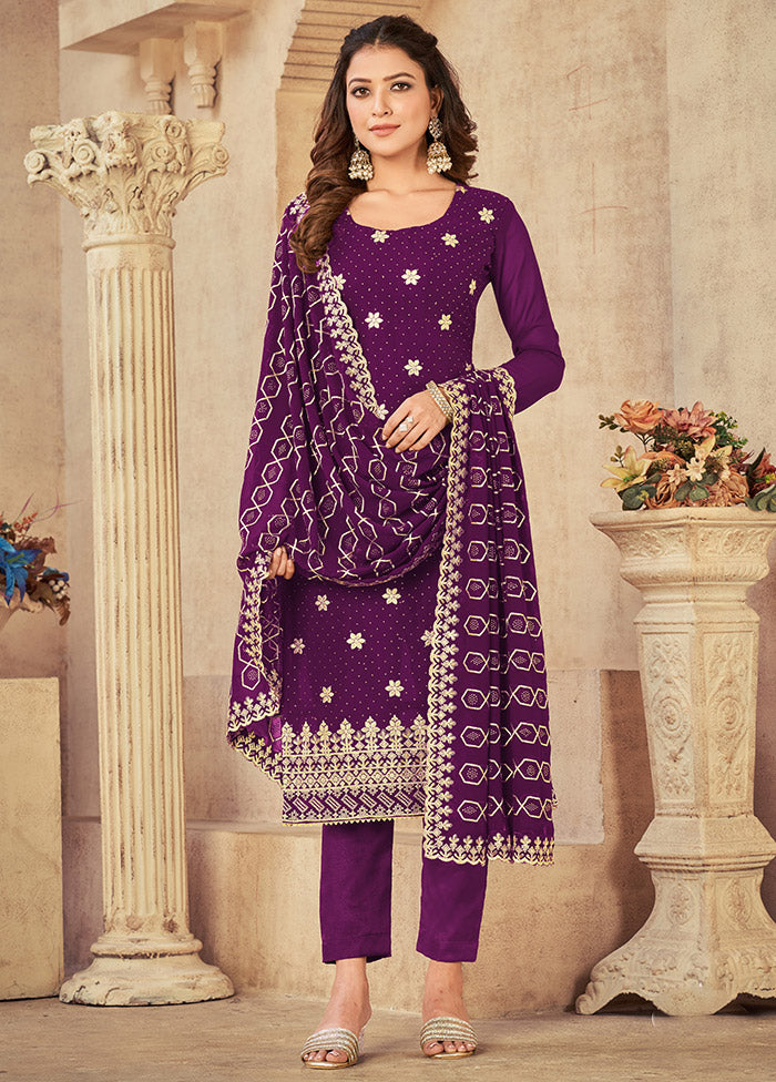 3 Pc Purple Semi Stitched Georgette Suit Set