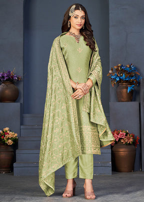 3 Pc Green Semi Stitched Silk Suit Set