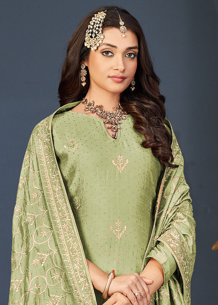 3 Pc Green Semi Stitched Silk Suit Set