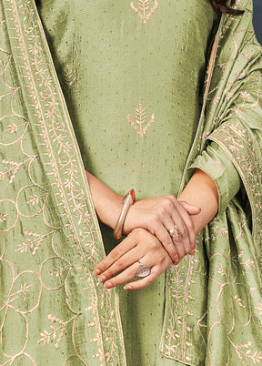 3 Pc Green Semi Stitched Silk Suit Set