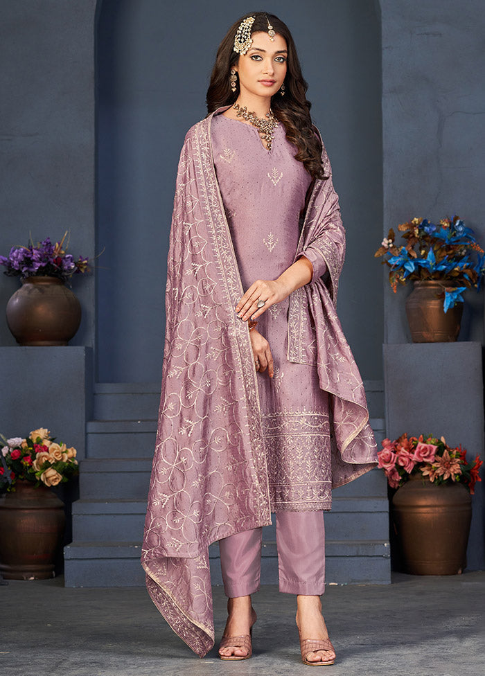 3 Pc Lavender Semi Stitched Silk Suit Set