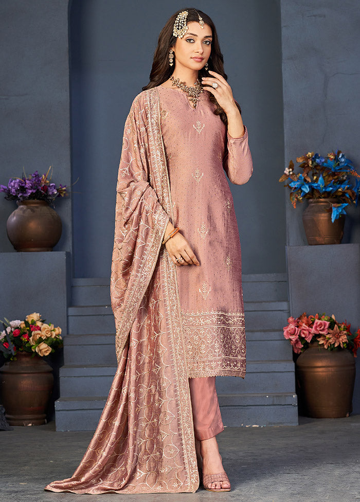 3 Pc Peach Semi Stitched Silk Suit Set