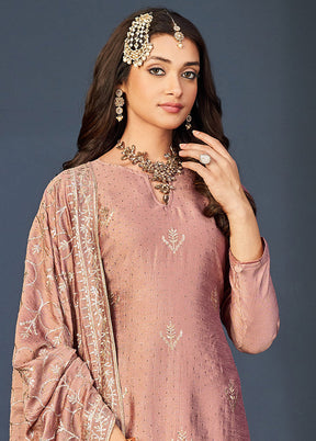 3 Pc Peach Semi Stitched Silk Suit Set