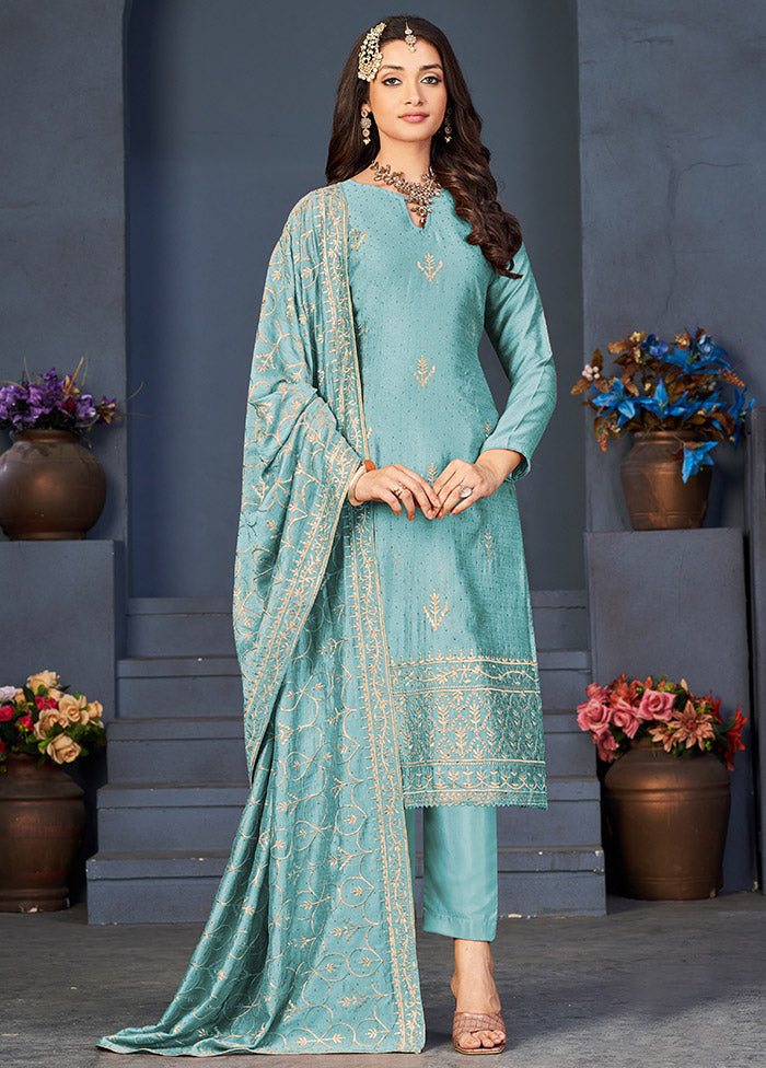 3 Pc Sky Blue Semi Stitched Silk Suit Set