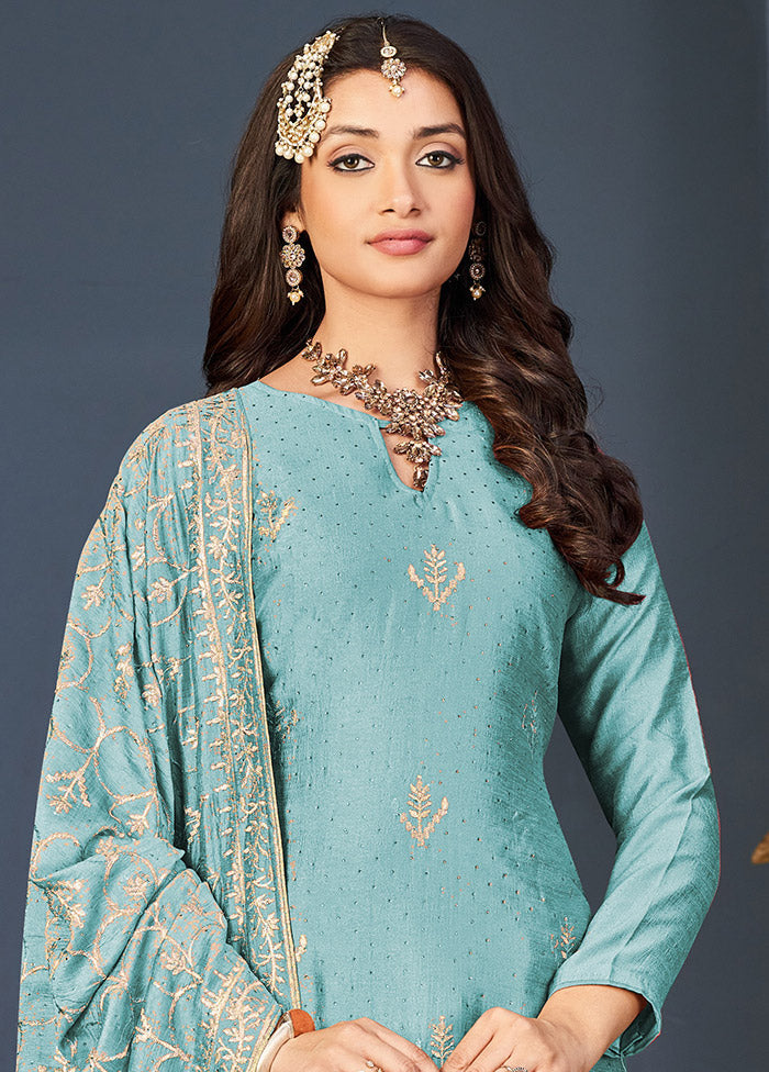 3 Pc Sky Blue Semi Stitched Silk Suit Set