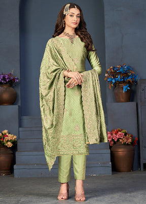 3 Pc Green Semi Stitched Silk Suit Set