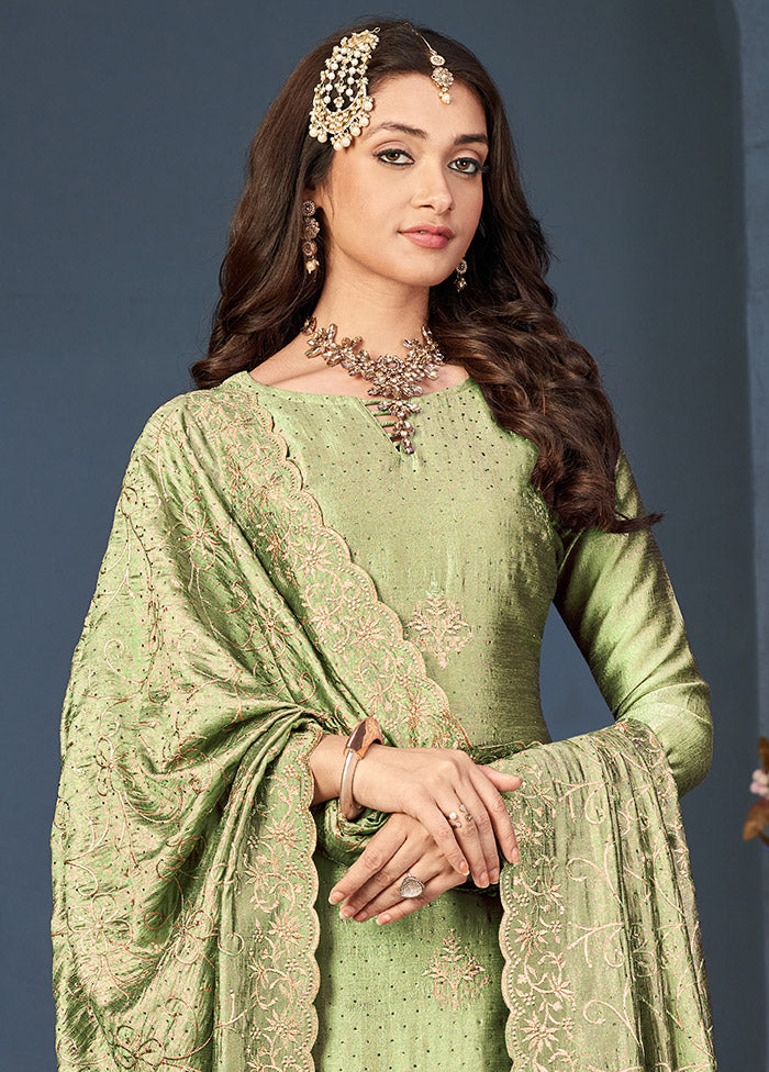 3 Pc Green Semi Stitched Silk Suit Set