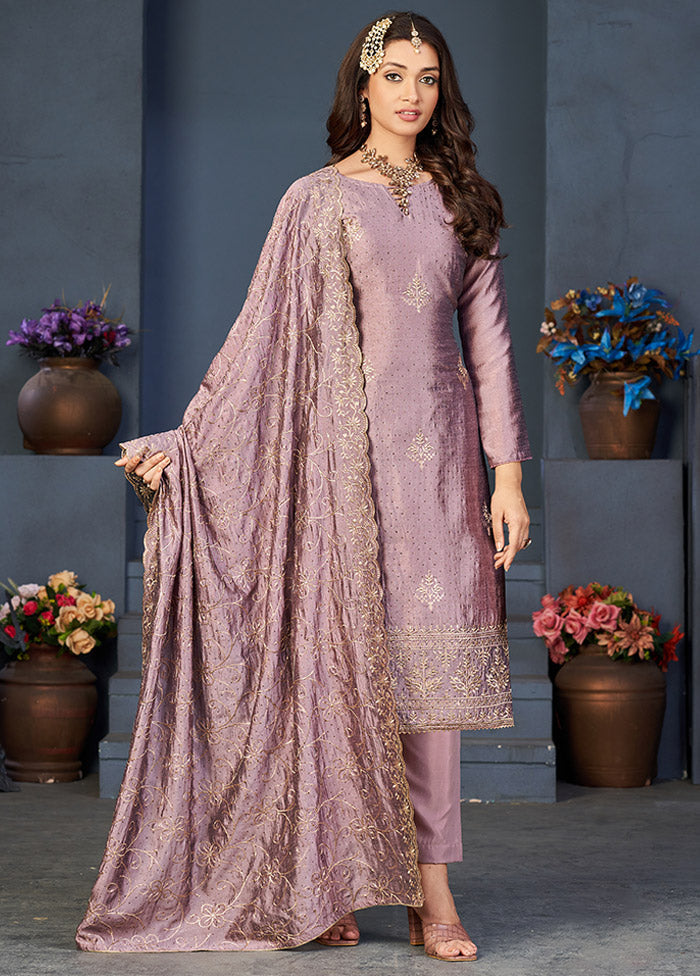 3 Pc Lavender Semi Stitched Silk Suit Set