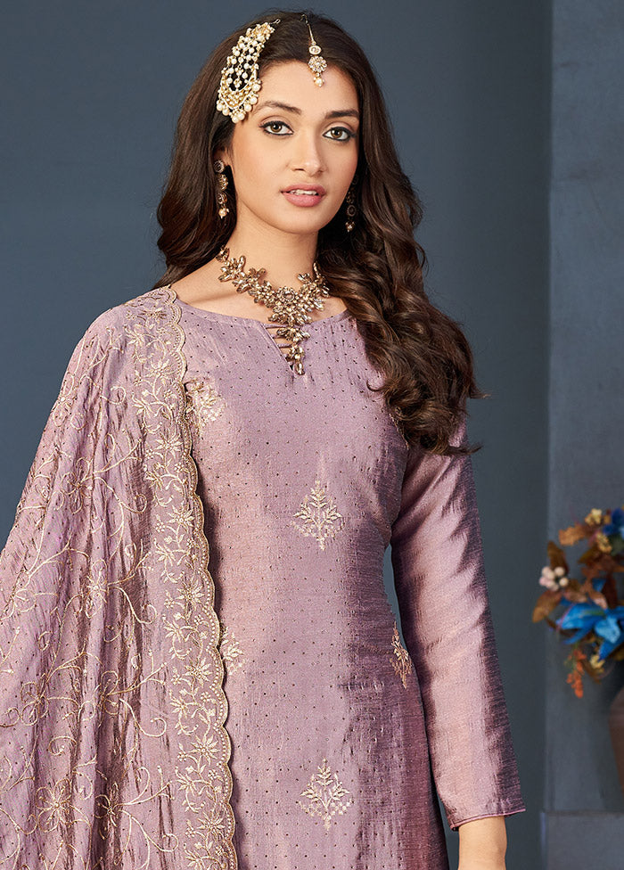 3 Pc Lavender Semi Stitched Silk Suit Set