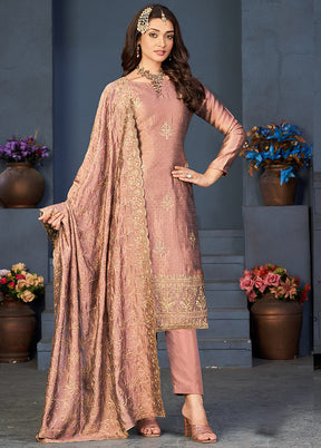 3 Pc Peach Semi Stitched Silk Suit Set